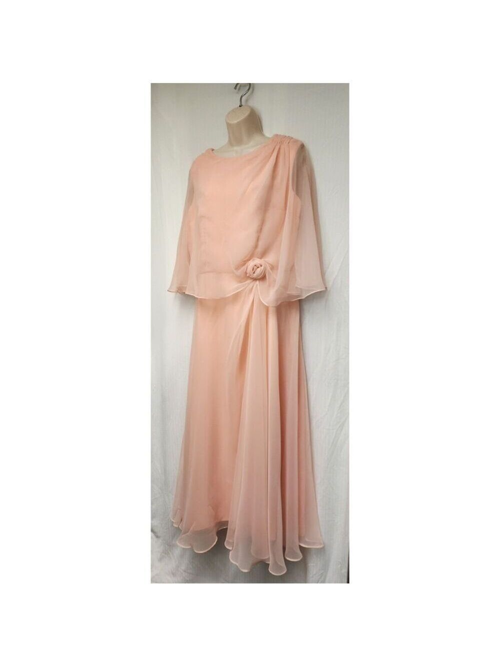 Vintage 70s Peach Formal Gown Maxi A-Line Chiffon Dress Size 14 - Picture 3 of 7